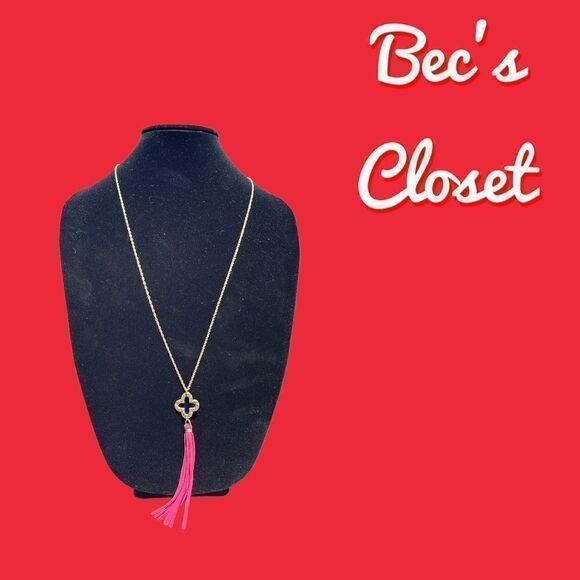 Envious Brushed Gold Tone Long Chain with Fushia Leather Tasle - Picture 6 of 6